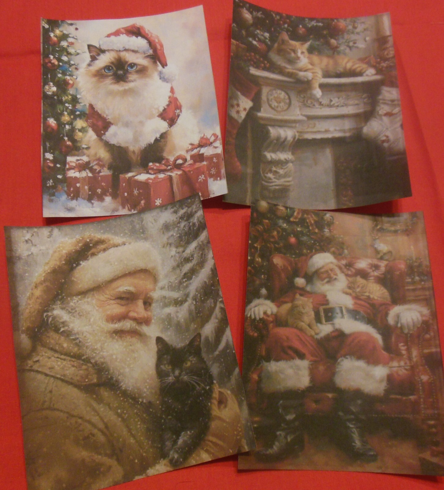 Set of 16 LARGE Santa with cats & Christmas cats images Set #1 on parchment
