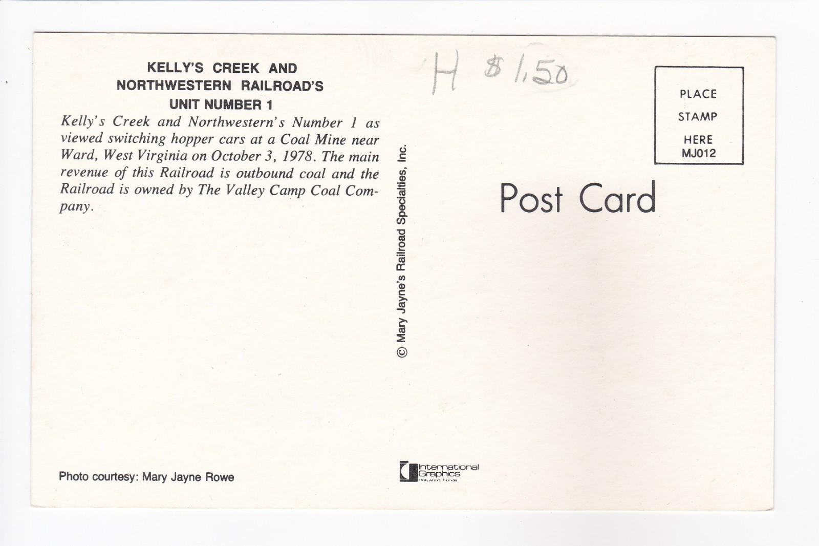 Kelly’s Creek & Northwestern Railroad’s Unit Number 1 Ward WV Chrome Postcard