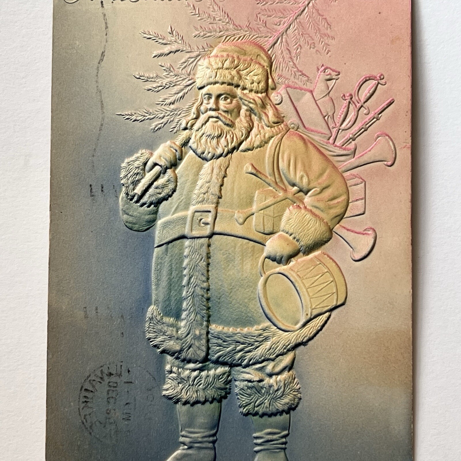 Antique Embossed Christmas Santa Claus Postcard Airbrush Tree Toys Rainbow