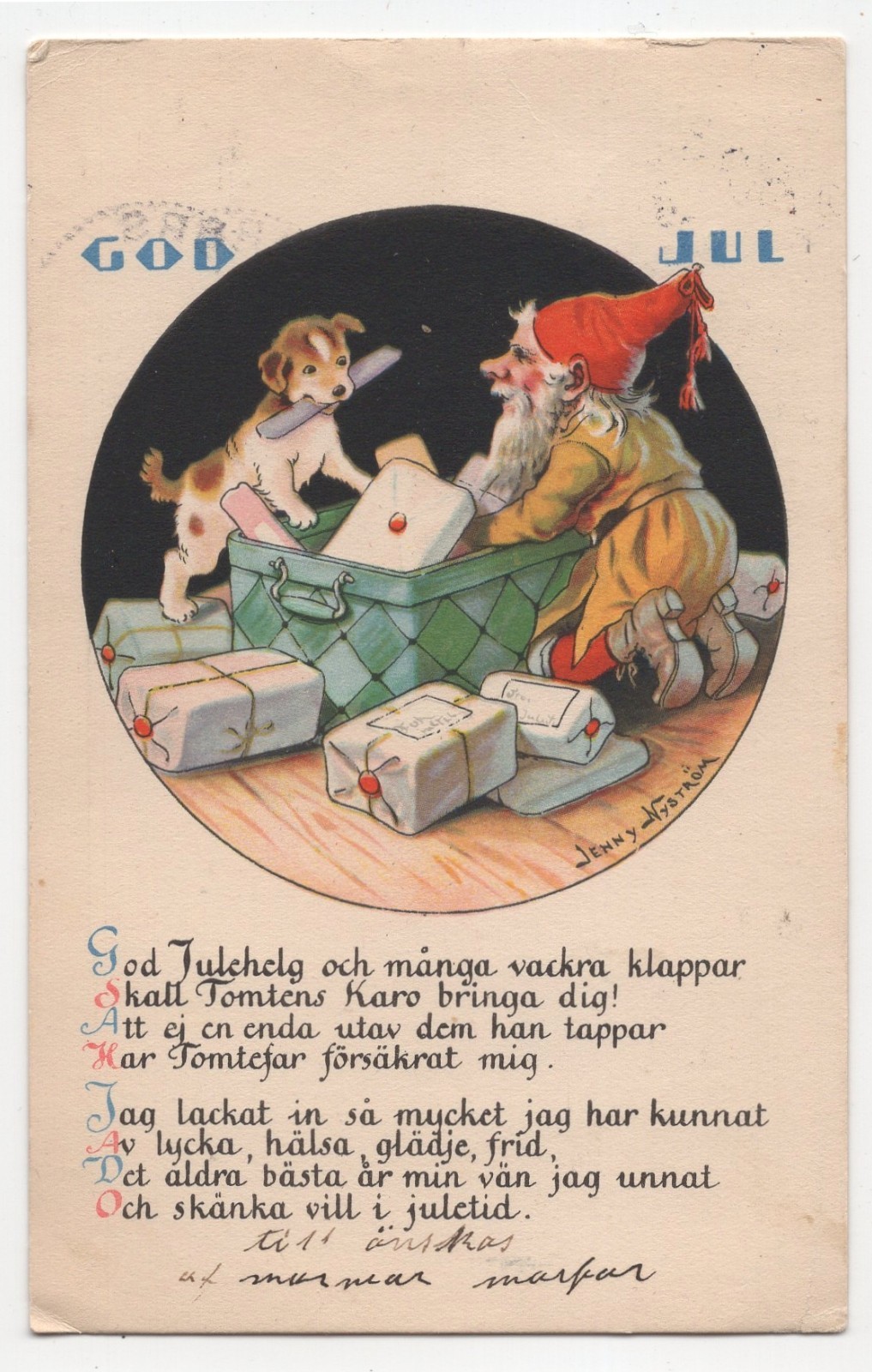 Gnome Dog Fantasy Christmas Holiday Swedish Nystrom Art Postcard