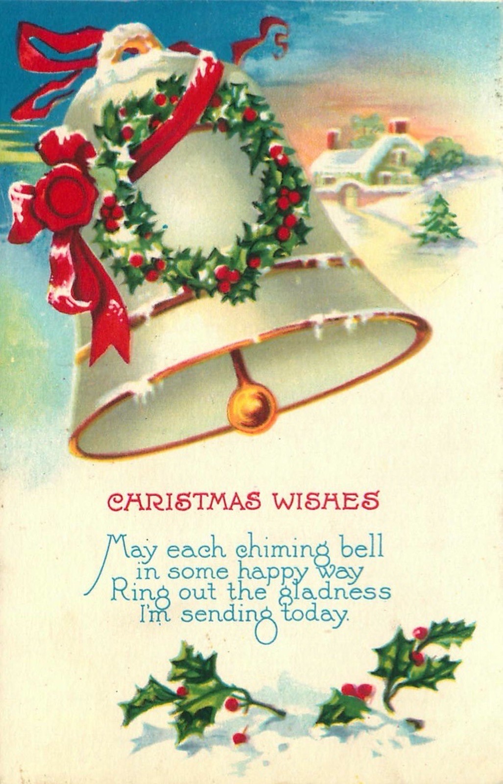 Christmas Wishes 1910 Vtg Postcard – Bell and Holly Wreath