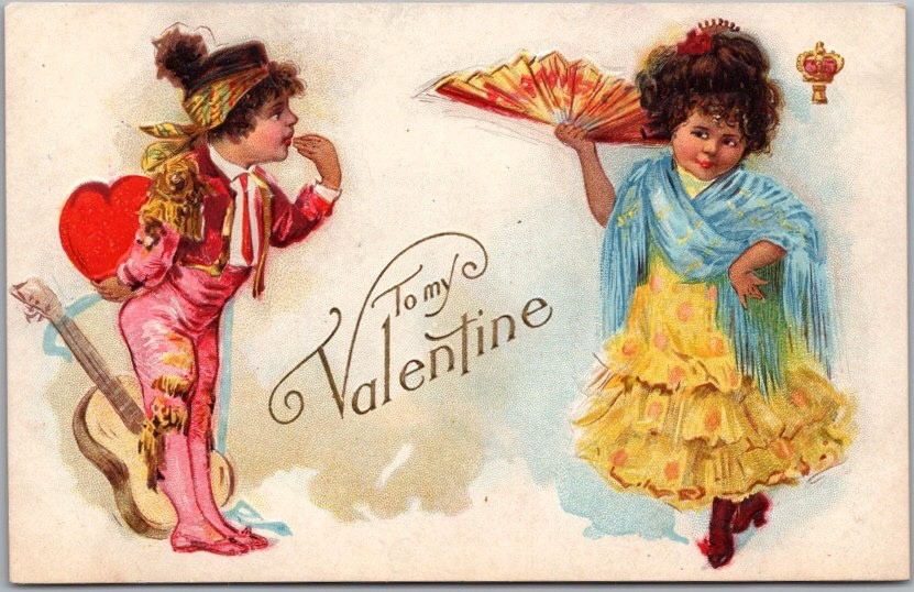 c1910s VALENTINE’S DAY Postcard Boy & Girl / Spanish Fashion / Fan & Guitar