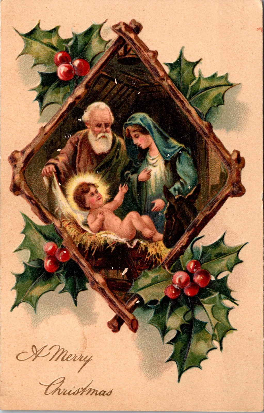 Merry Christmas Jesus May and Joseph Embossed Postcard c1909