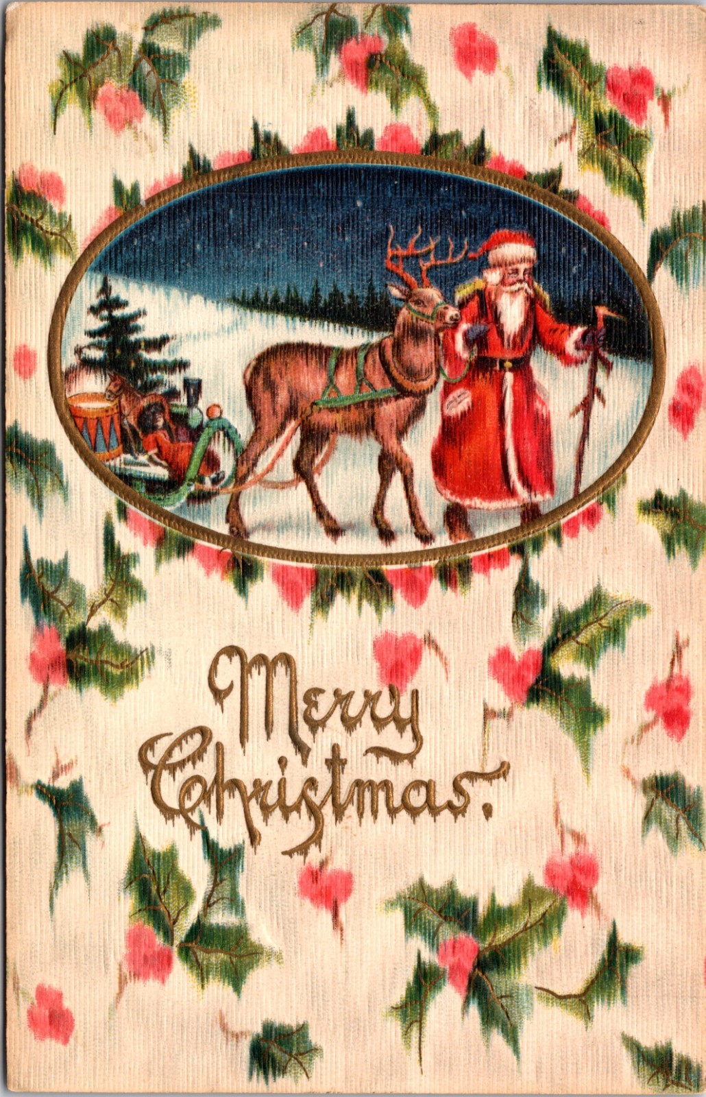 Merry Christmas Santa Claus and Reindeer Embossed DB Postcard XA18