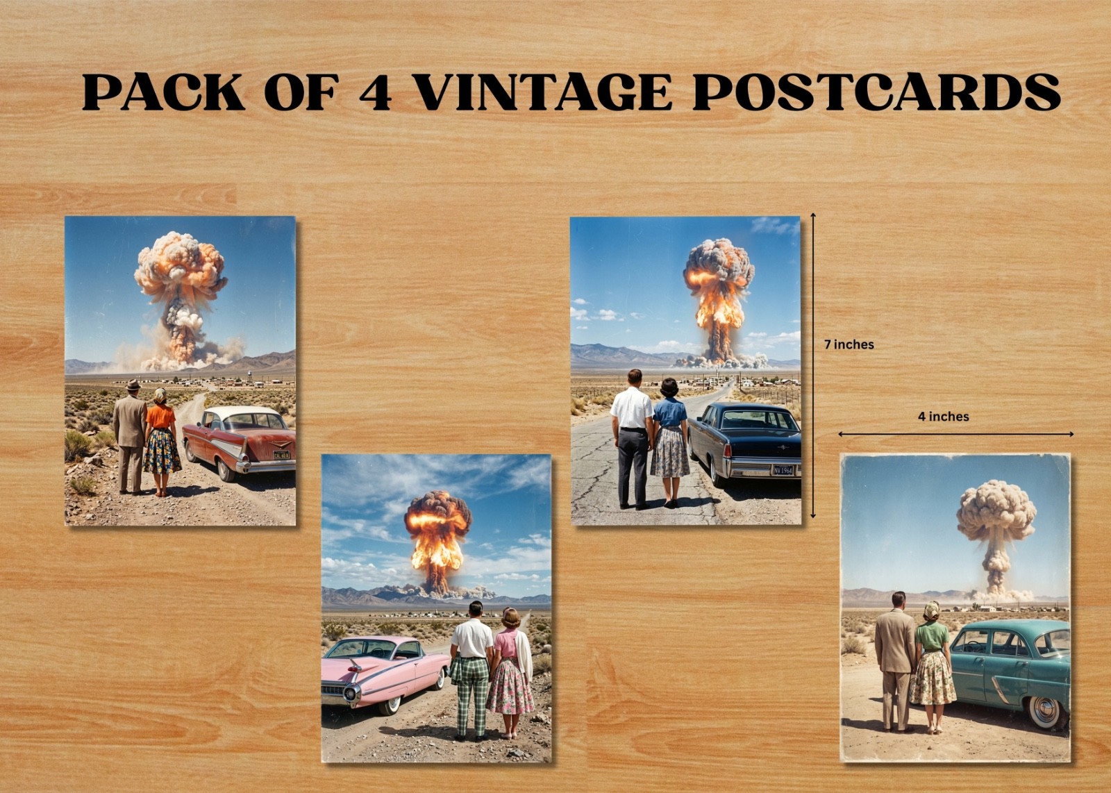 Set of 4 Postcards – Atomic Bomb Desert Scene Retro Surreal Art Style 4×7 Inches