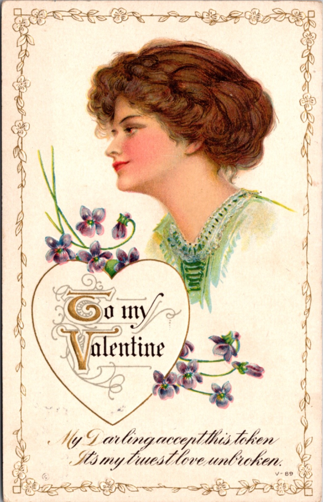 Valentine’s Day Postcard Beautiful Woman Purple Hearts Token of Love Unbroken