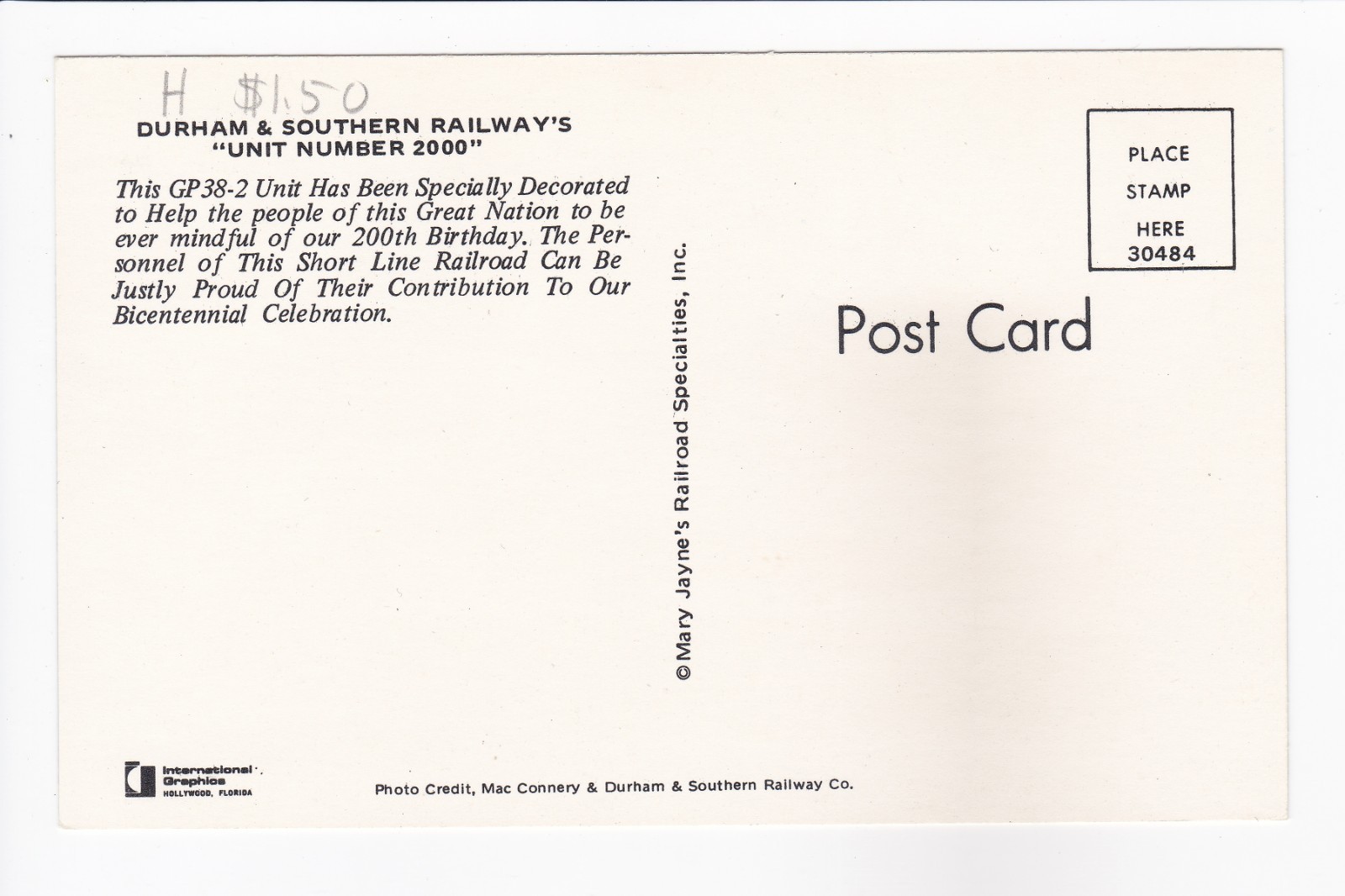 Durham & Southern Railways Unit No. 2000 GP38-2 North Carolina Chrome Postcard