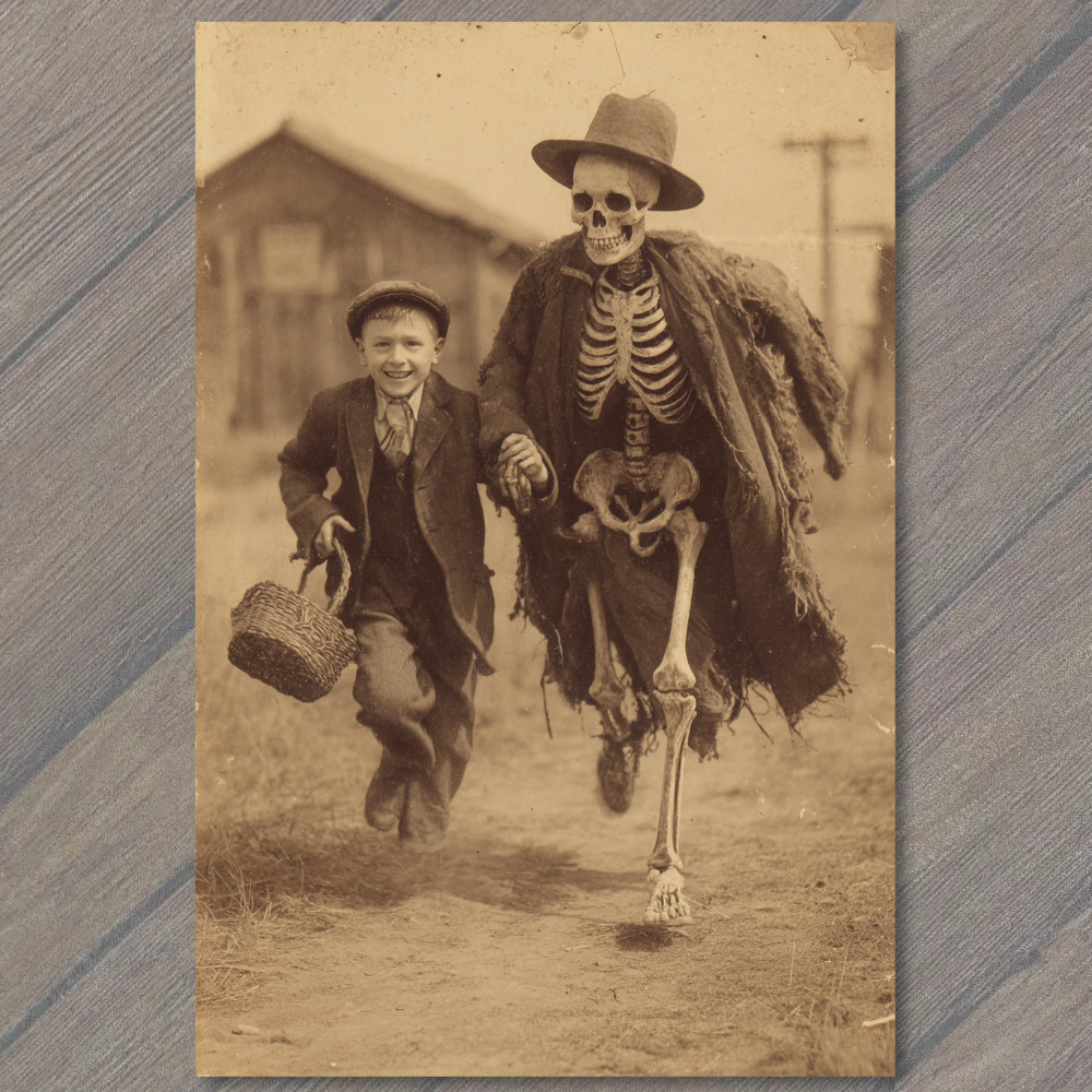 POSTCARD Boy Skeleton Holding Hands Halloween Odd Creepy Whimsical Antique Look