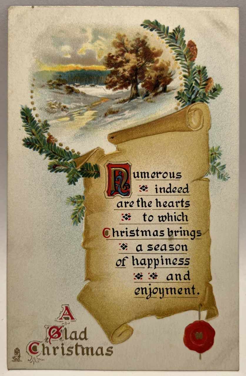 A Glad Christmas, Scroll, Wax Seal, TUCK Landscape Scrolls Series Postcard