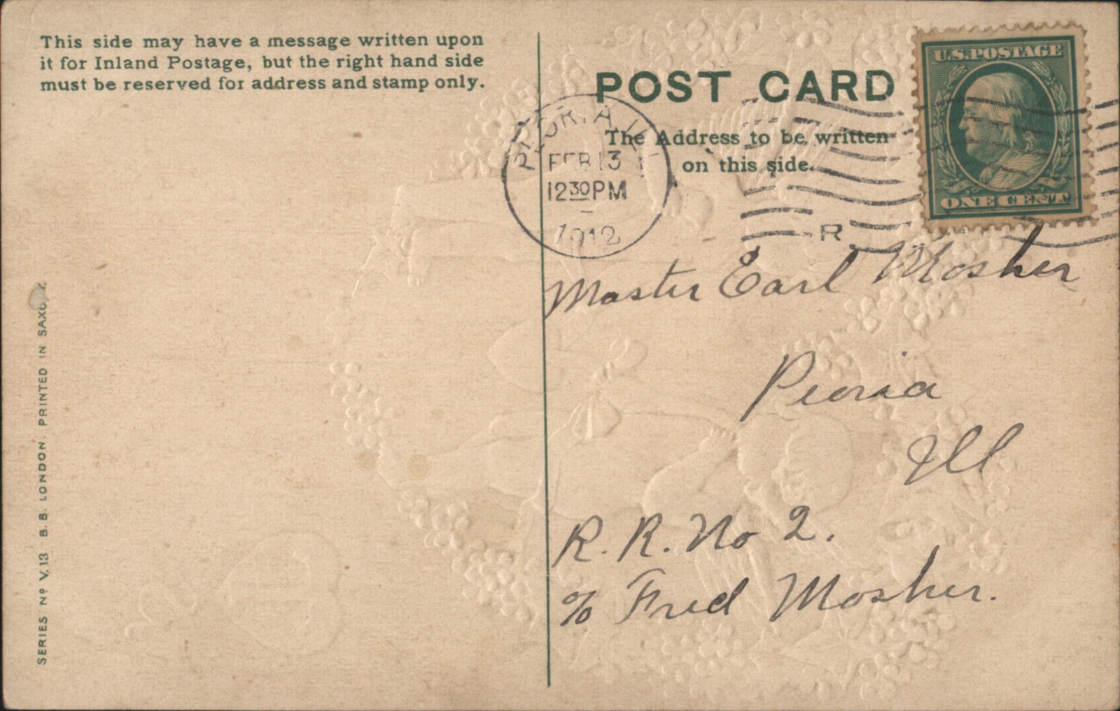 Cupid Two Cherubs with Heart Floral Wreath, Valentine’s Day Greeting 1912 Peoria