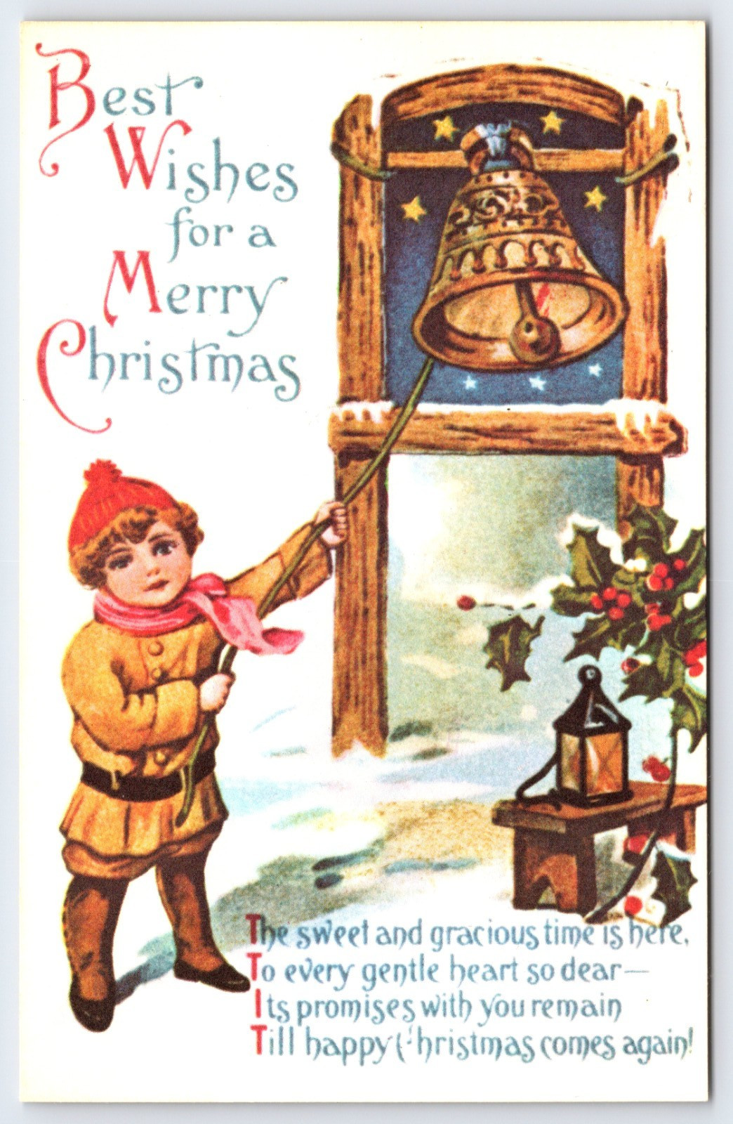 Vintage Postcard Best Wishes For A Merry Christmas Girl In Coat Ringing Bell