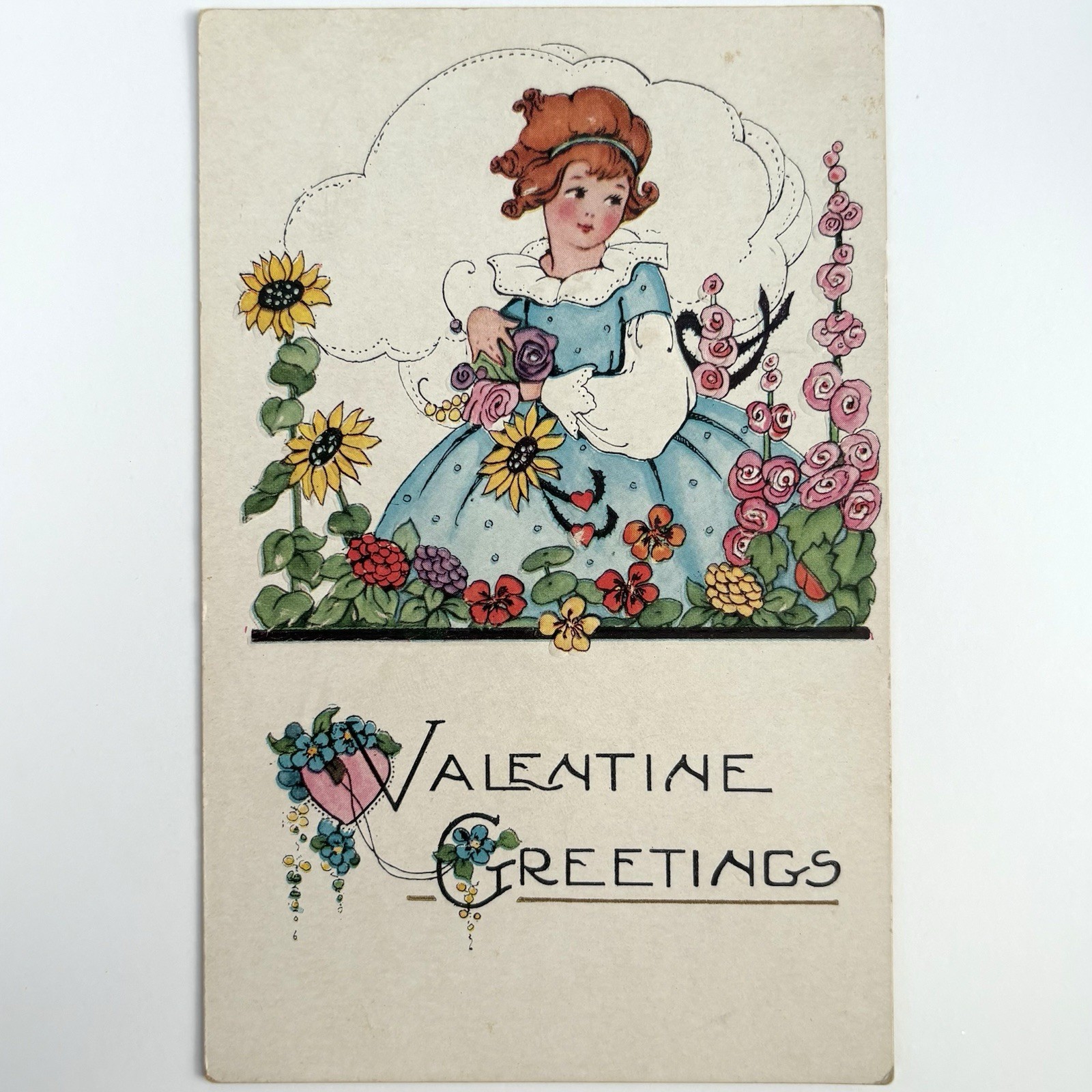 Antique Embossed Valentine’s Day Greeting Postcard Flower Heart Girl Whitney
