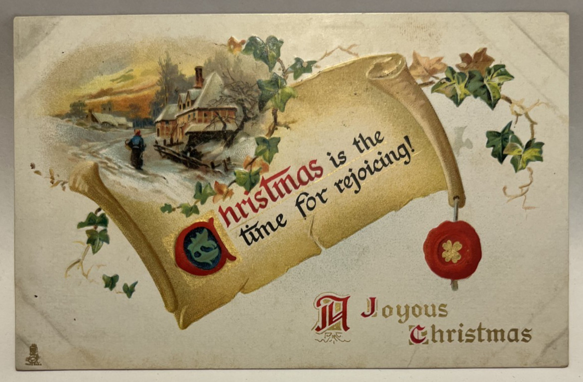 A Joyous Christmas, Wax Seal, Vintage TUCK Landscape Scrolls Series Postcard