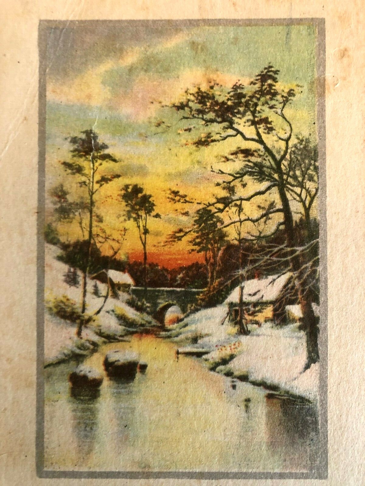 Vintage CHRISTMAS Greetings Postcard Winter Scene with sunset, river, bridge