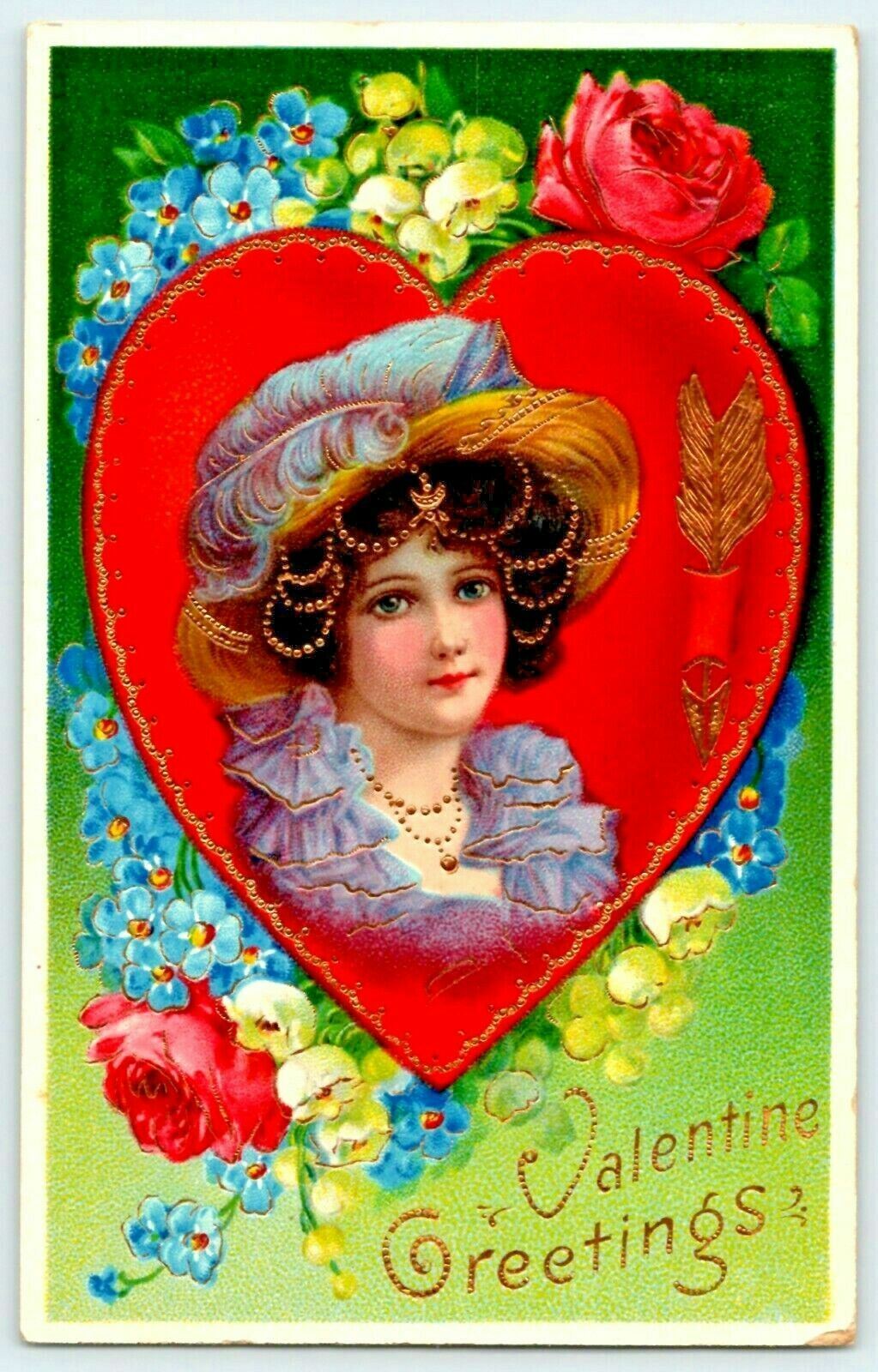 c.1915 Valentine’s Day Card Pretty Lady Gold Leaf Accent Postcard A7