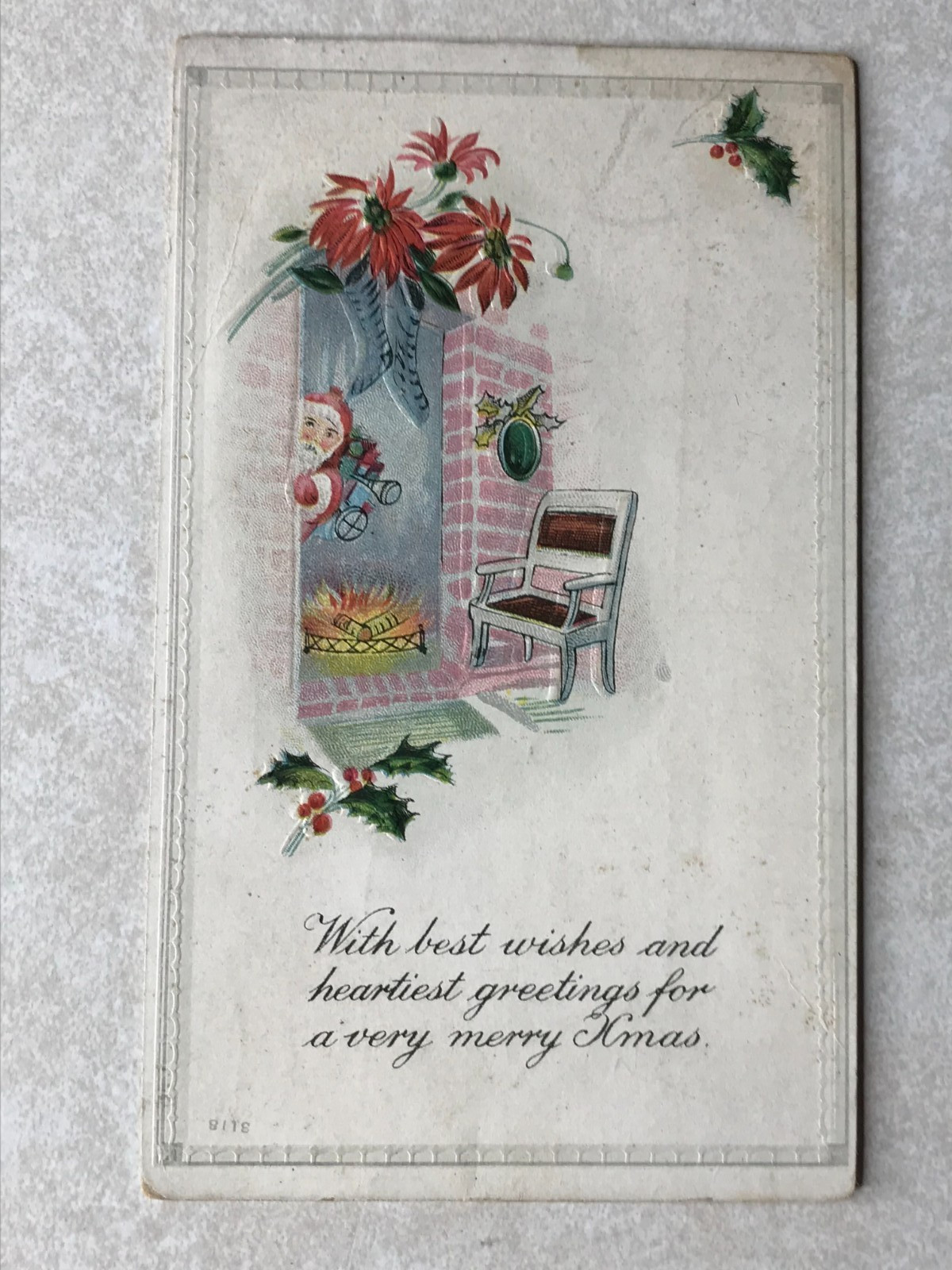P1440 Vintage Postcard With Best Wishes Fireplace Santa Toys Festive Holiday