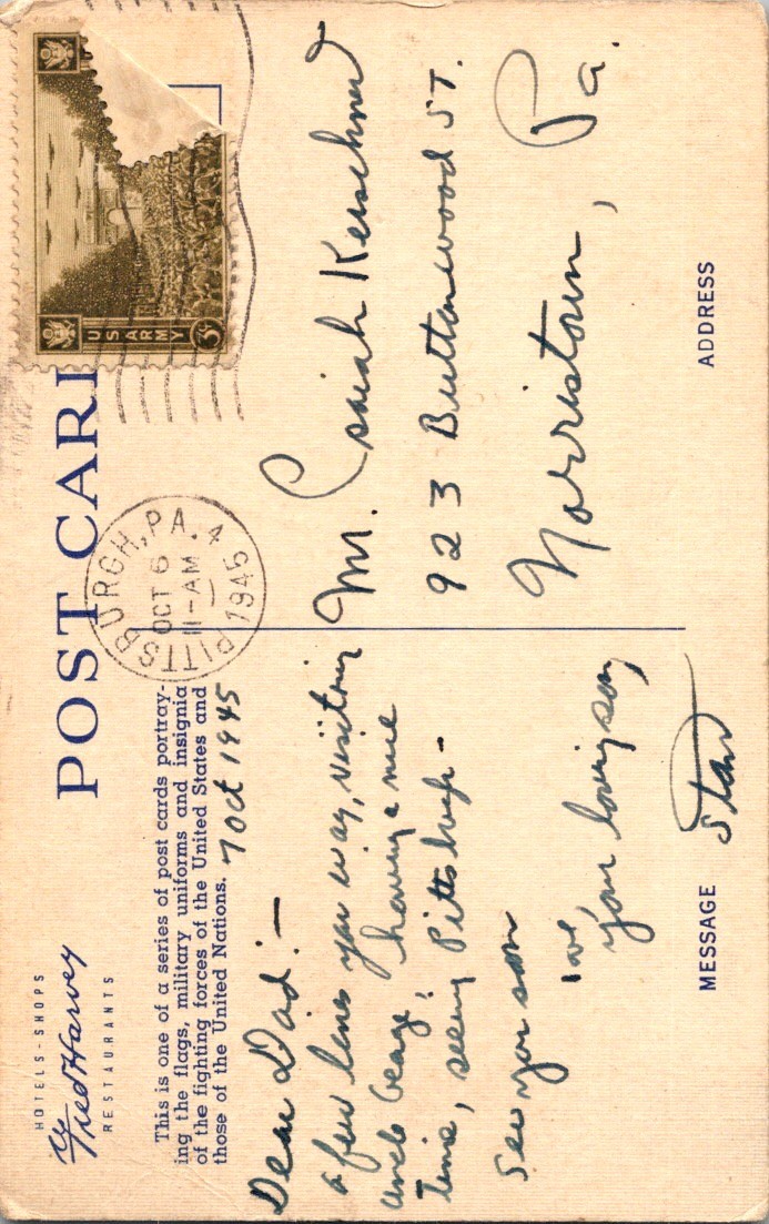 1945 US Army Unit Insignia Recognition Postcard Fred Harvey Pittsburgh PA