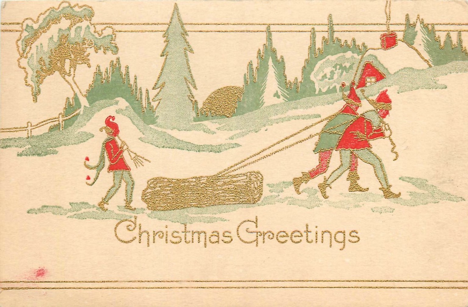 Vintage Christmas Elves Yule Log Postcard c1910 Arts & Crafts Fantasy