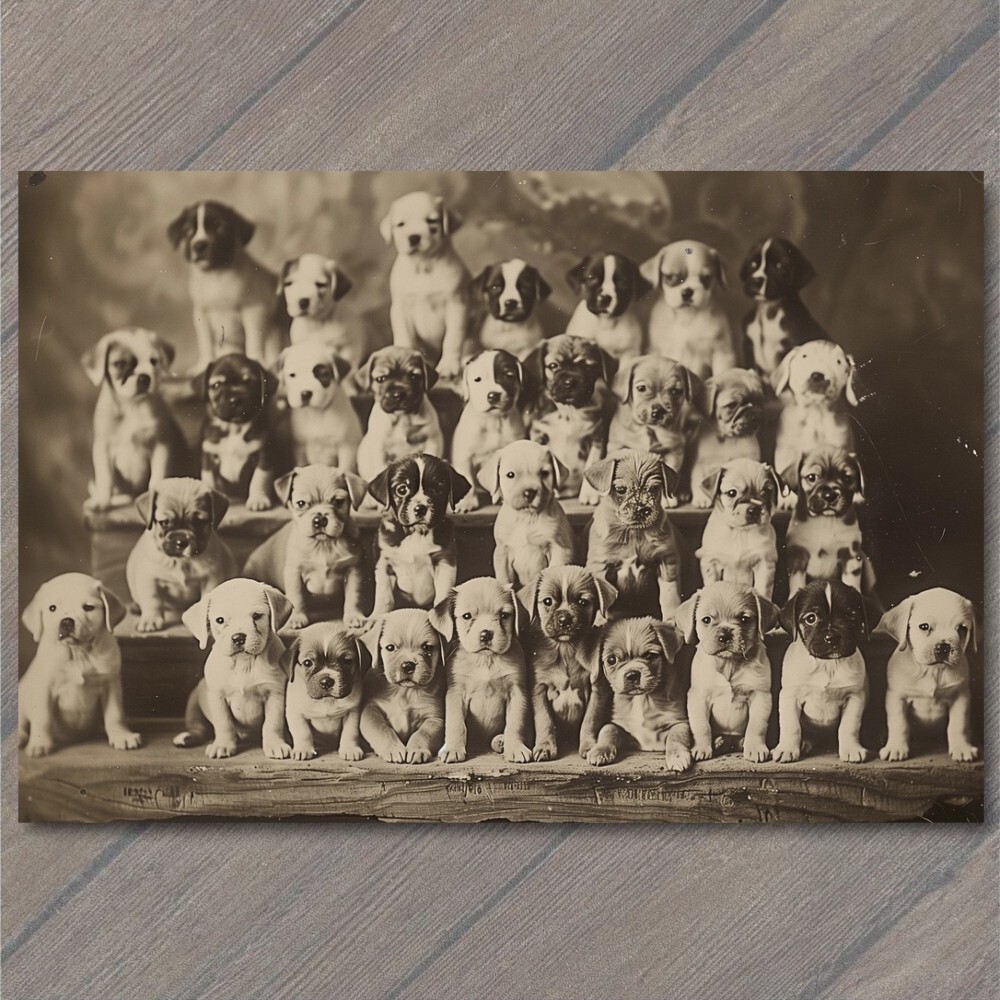 POSTCARD Puppy Dogs Posing Lots Stacked Vintage Vibe Weird Strange Unusual Fun