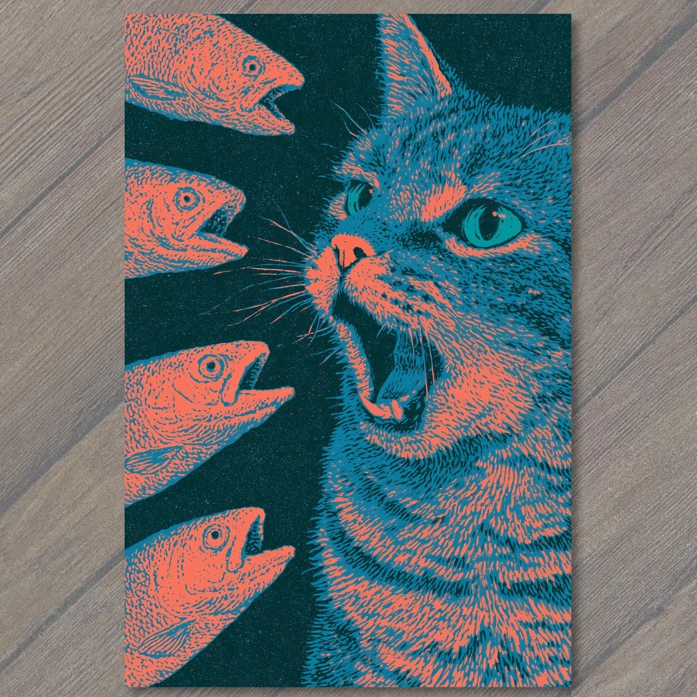 POSTCARD Angry Cat Four Fish Open Mouth Weird Surreal Strange Dark Fantasy