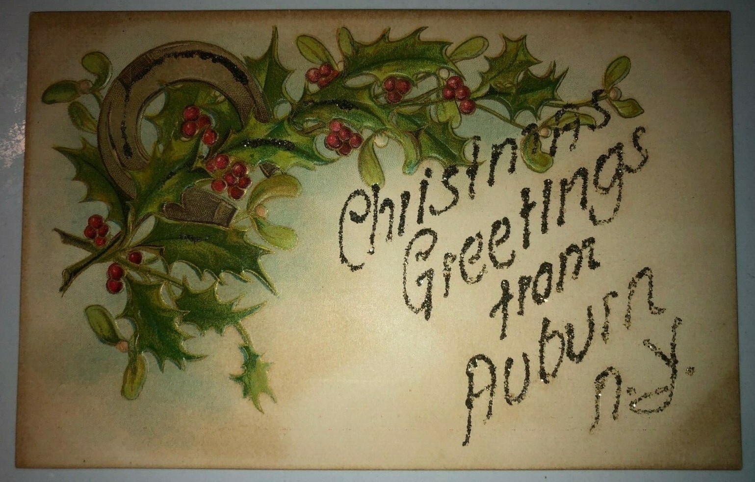 “CHRISTMAS GREETINGS FROM AUBURN N.Y.” VINTAGE EMBOSSED W/ GLITTER POSTCARD!