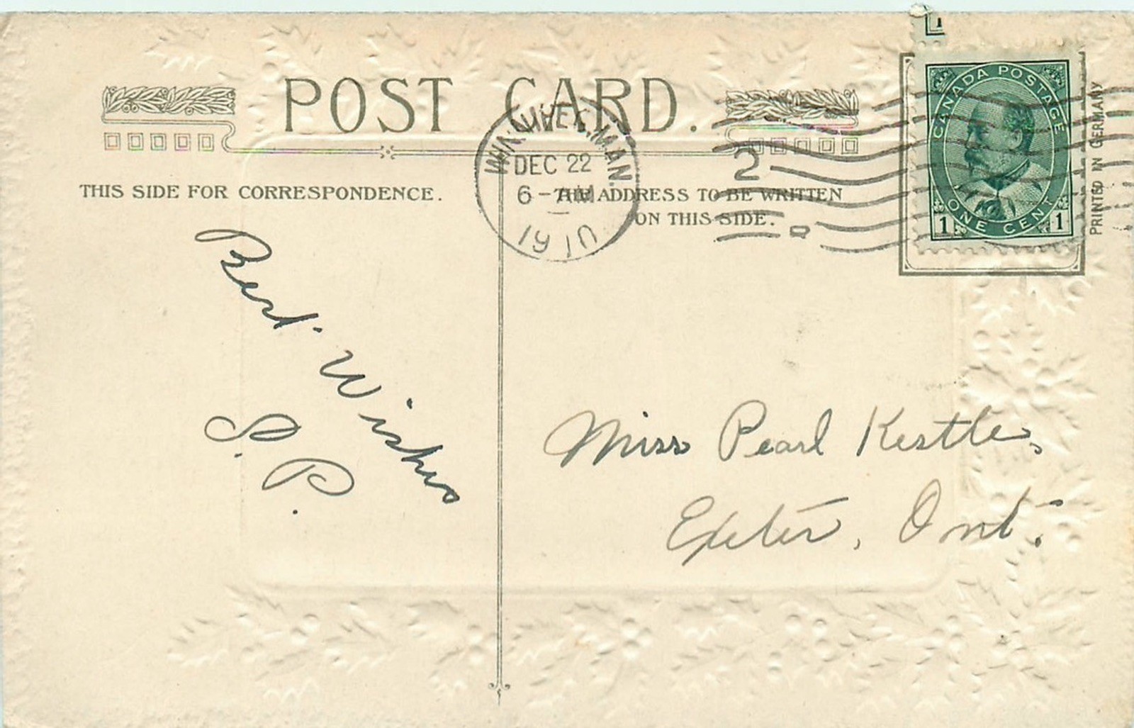 Christmas Wishes 1910 Vtg Postcard – Exeter, Ontario, Canada