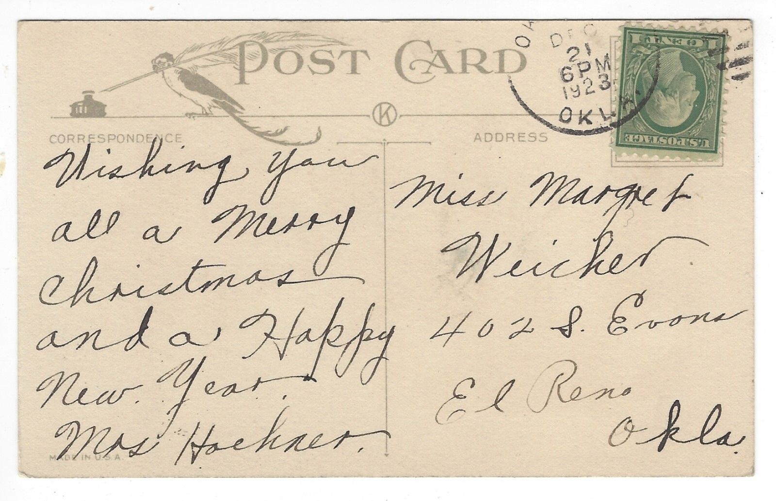 Postcard Divided USA K in Circle 1923 1 Cent Stamp Best Wishes