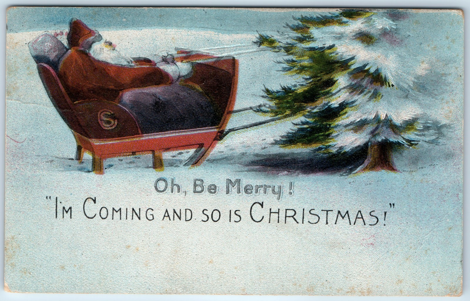 c1910s Christmas Santa Claus Comic Bed Sleigh Couch “Oh Be Merry!” Sleeping A229