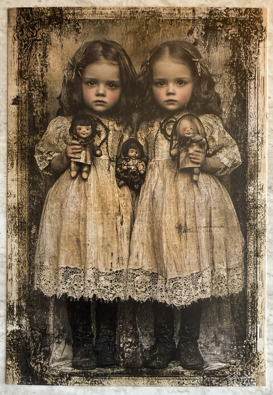2 Girls 3 Creepy Dolls Lace Gothic Halloween Postcard PC971 Wall Art Ephemera