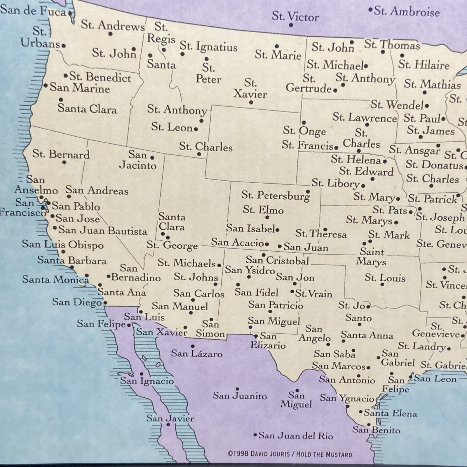 A Saintly Map of The USA- Towns That Actually Exist, Funny Vintage Postcard -new