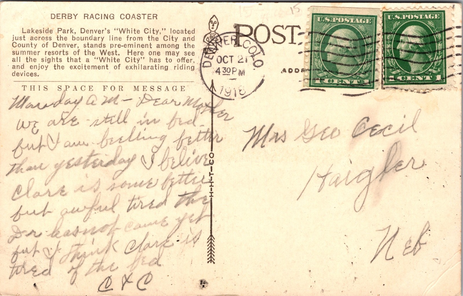 Derby Racing Coaster Lakeside Park Denver Colorado 1910 Postcard