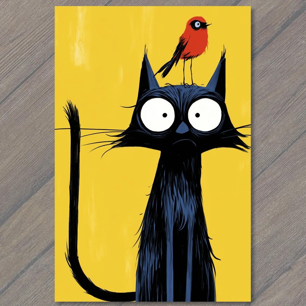 POSTCARD Black Cat Red Bird Yellow Background Weird Strange Odd Quirky Fantasy