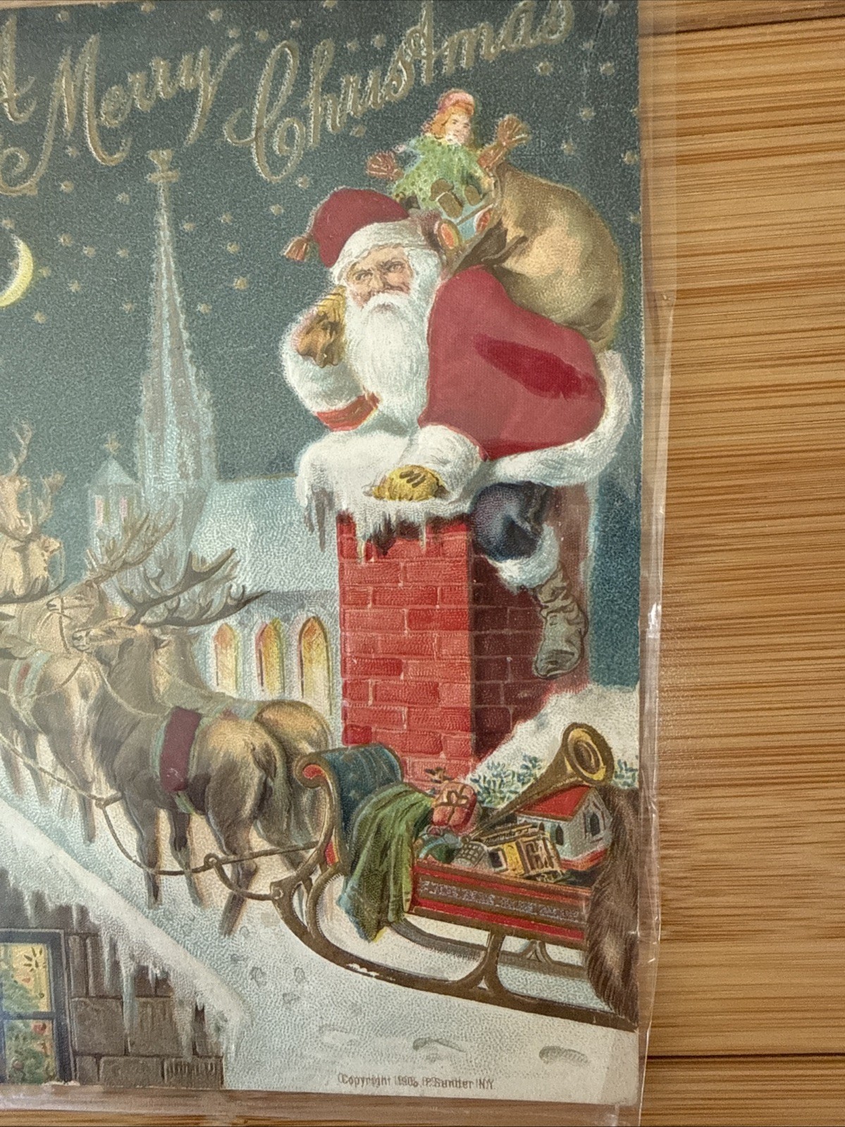 Silk Santa Claus With Toys and Sled – Antique Christmas Postcard