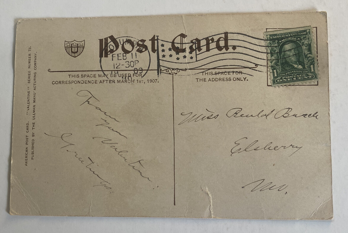 Vintage Valentine’s Day Postcard c1909 ~ Cupid Romance Series 73 ~ Ullman Mfg Co