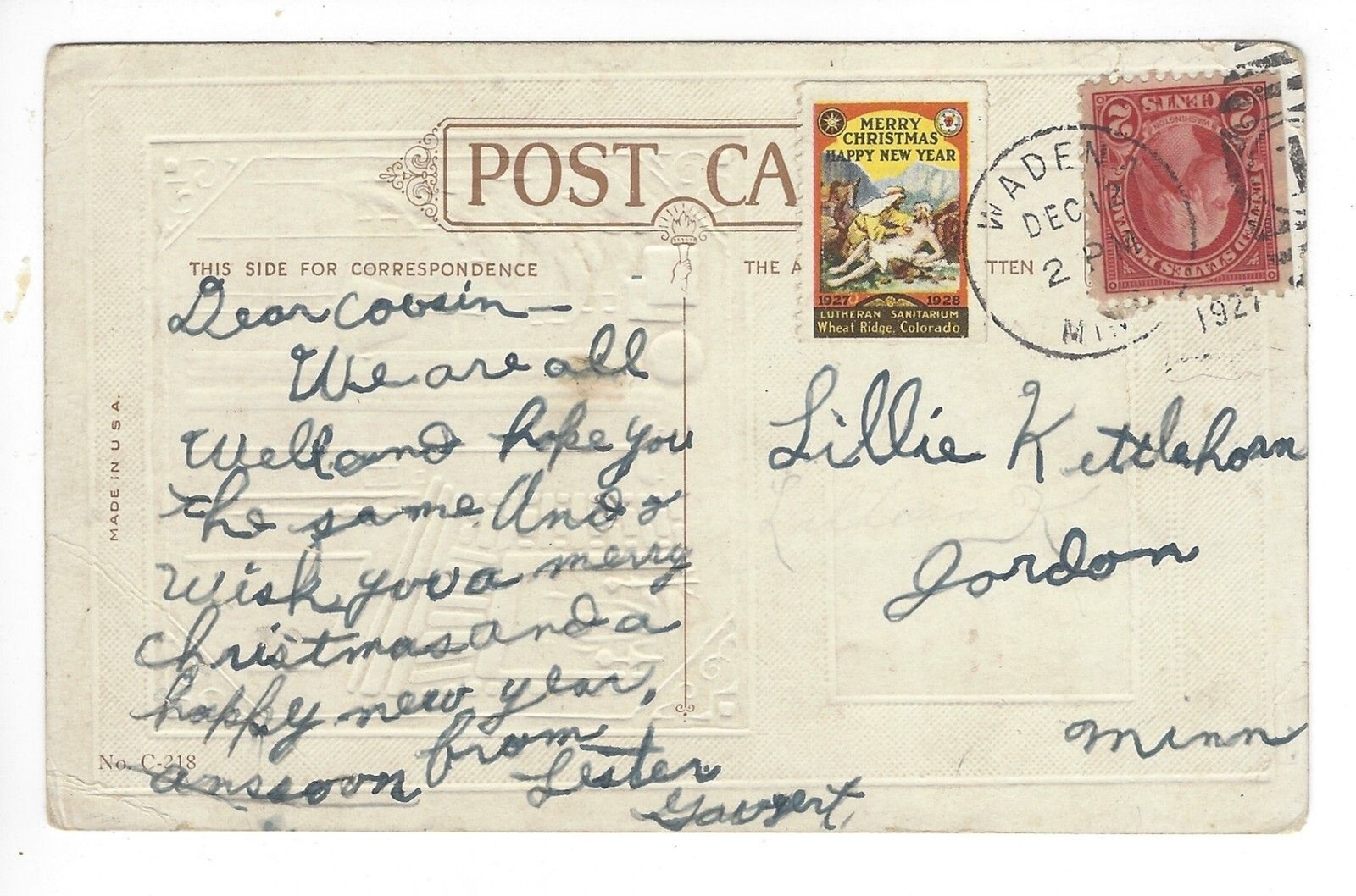 Postcard Divided USA 1927 Embossed 2 Cent Washington Stamp