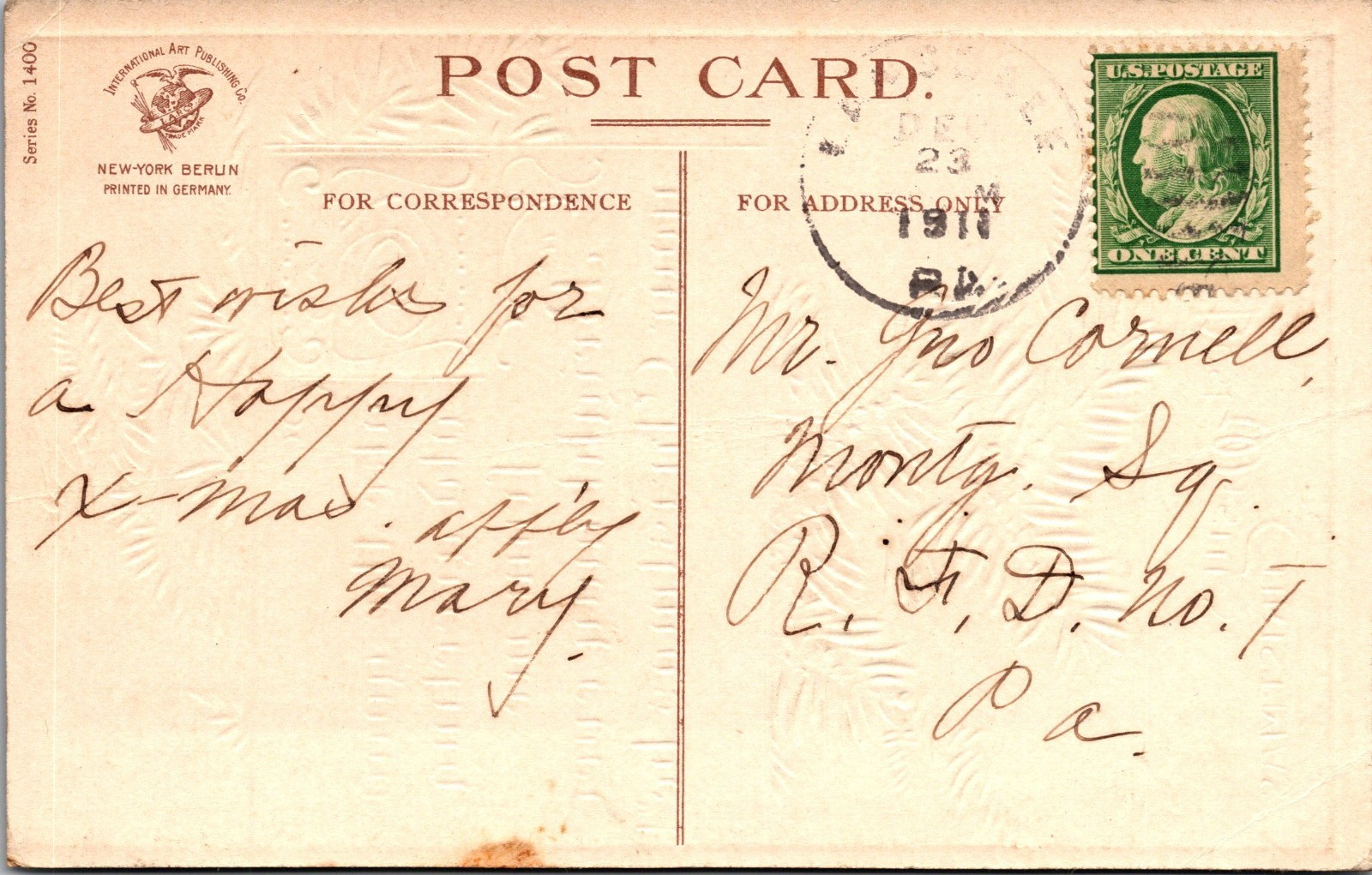 Christmas Wishes Postcard Poem Evergreens Embossed Posted 1911