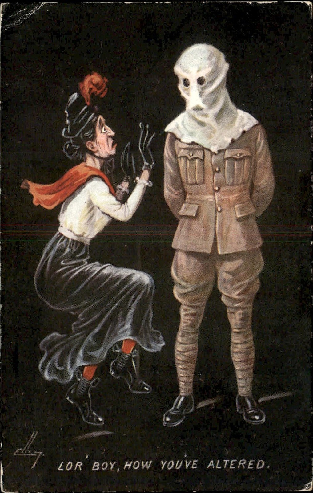 Woman Scared by Soldier Wearing Creepy Gas Mask Ellam c1900s-10s Postcard bhn