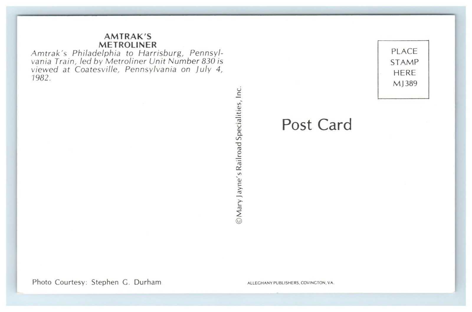 Postcard Amtrak Metroliner Unit 830 Coatesville Pennsylvania c1982 Chrome UNP