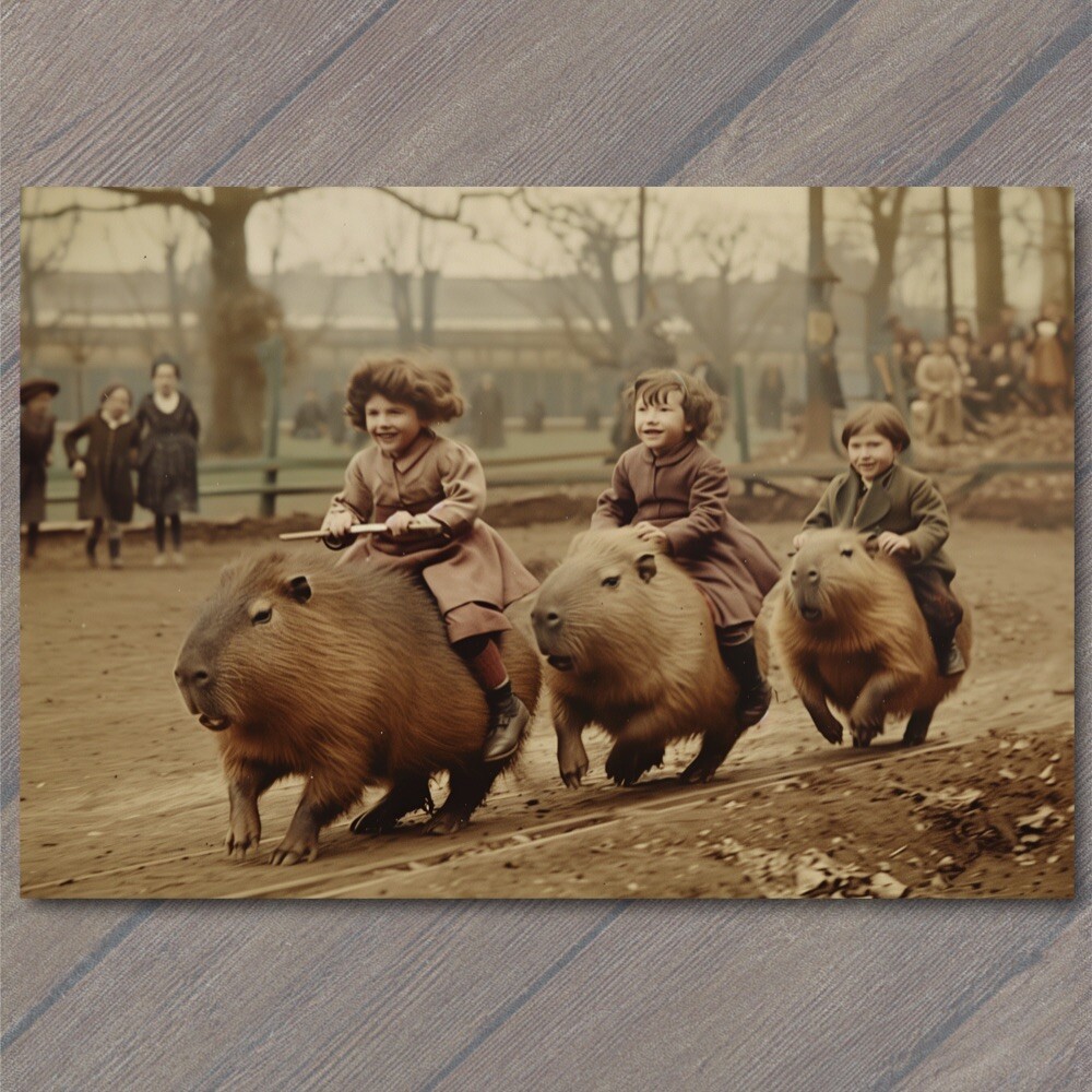 POSTCARD Capybara Kids Riding Old School Vibe Weird Strange Funny Race Giant