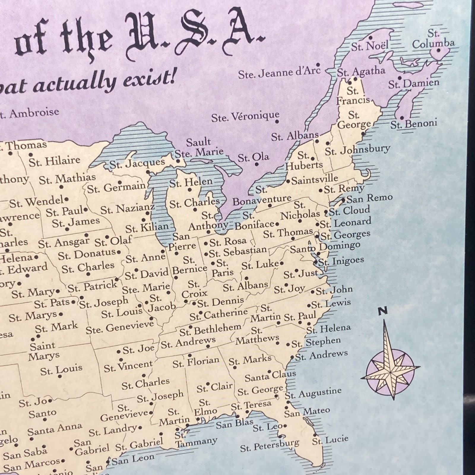 A Saintly Map of The USA- Towns That Actually Exist, Funny Vintage Postcard -new
