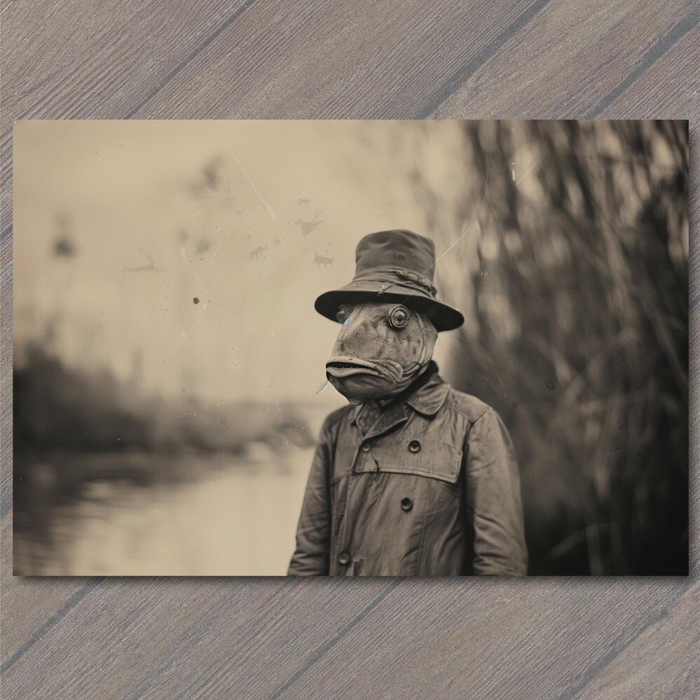 POSTCARD Fish Man Human Old School Vibe Weird Strange Funny Fishing Big Lunker