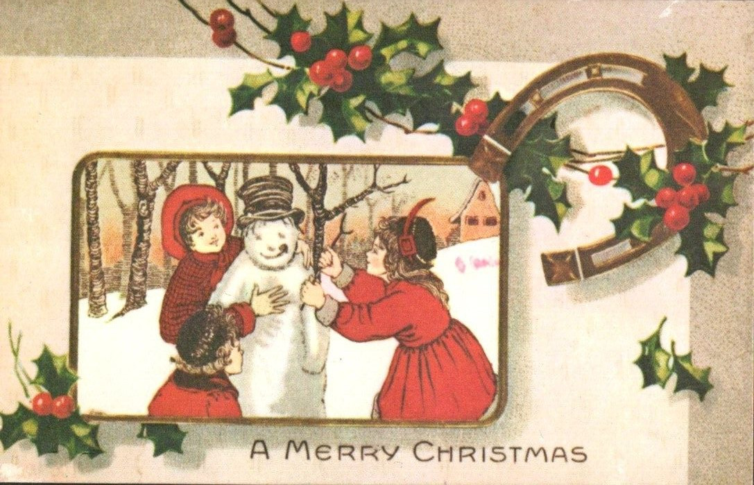 Vintage Merry Christmas Card Snow Man and Holly Postcard