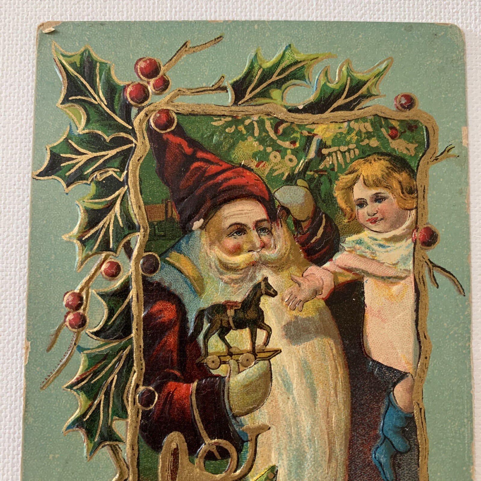 Antique Postcard Embossed Christmas Santa Very Long Beard Giving Horse To Girl