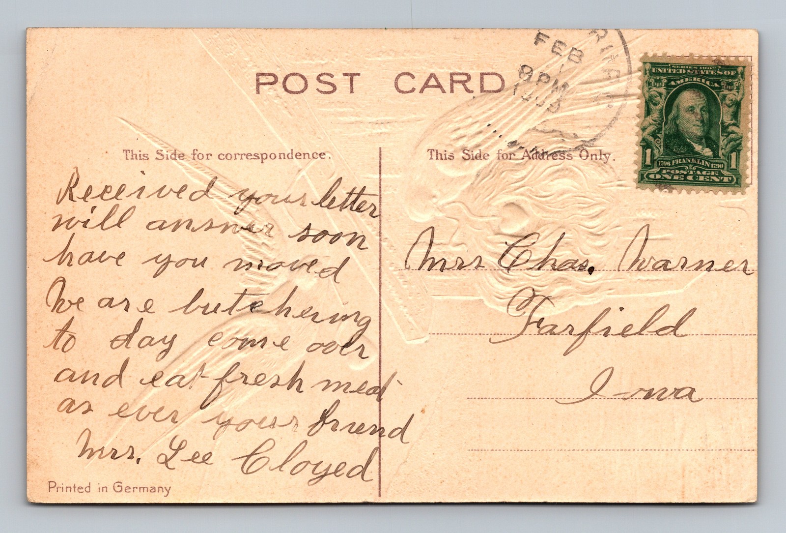1909 Valentine’s Day Swasllow Birds Birdhouse Lake Seaside Fairfield IA Postcard