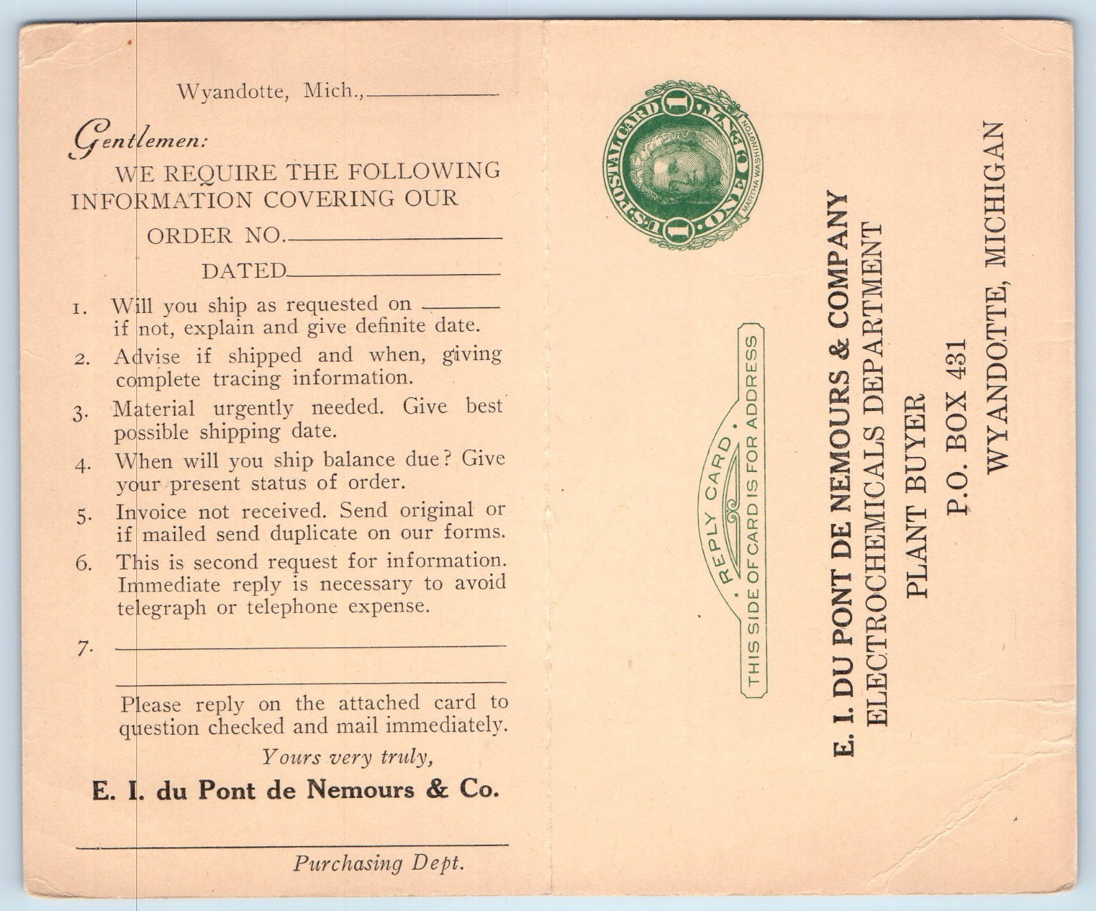 Electrochemicals Dept Plant Buyer EI Du Pont De Nemours Wyandotte MI Postal Card
