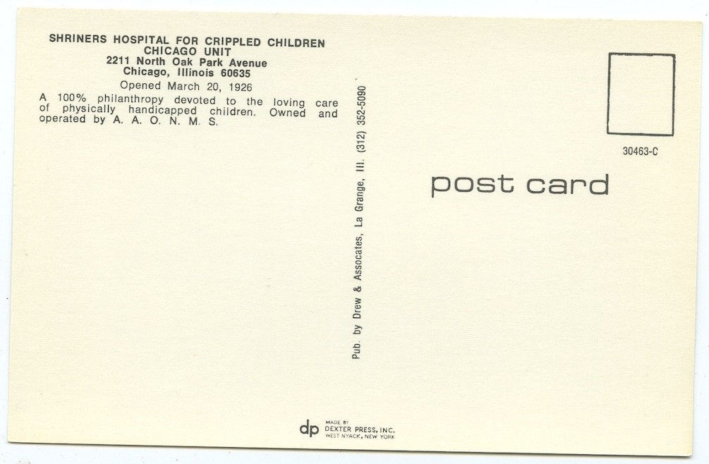 Chicago Unit Il Shriners Hospital Crippled Children Vintage Postcard Illinois