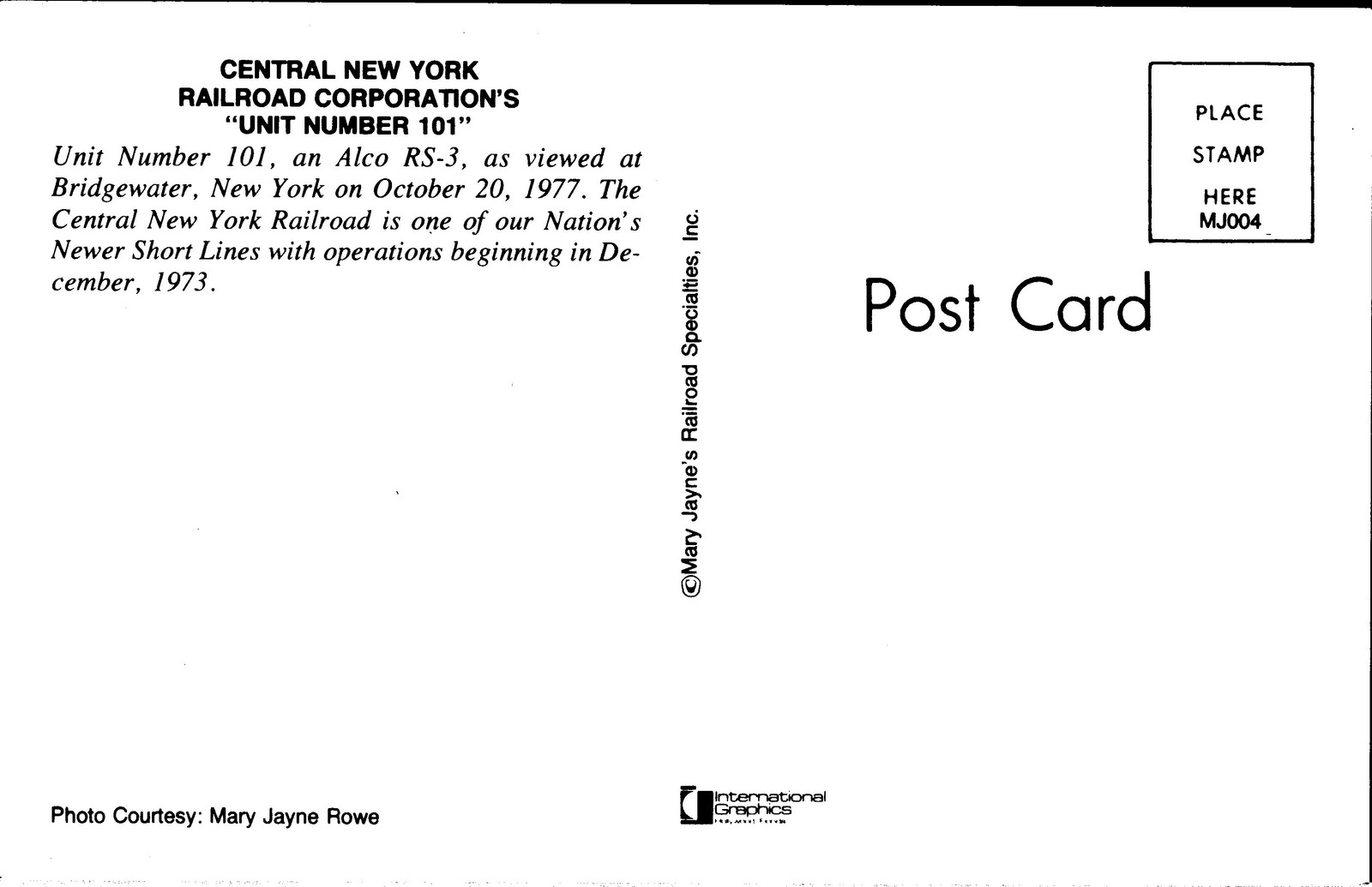 Postcard NY Bridgewater Alco RS-3 Unit 101 train
