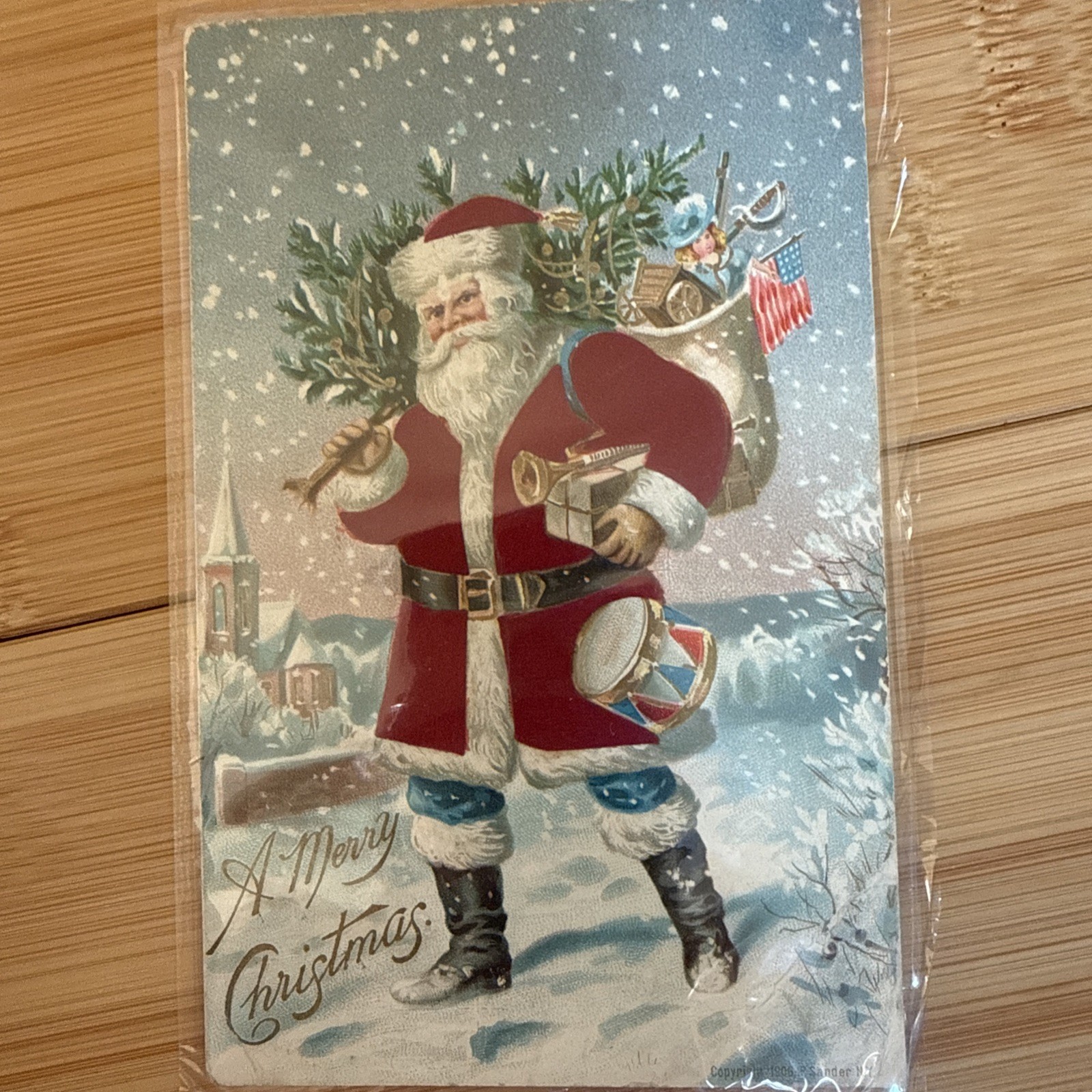 SILK Santa Claus~with USA Flag~Toys~Tree~Antique Patriotic~ Xmas Postcard