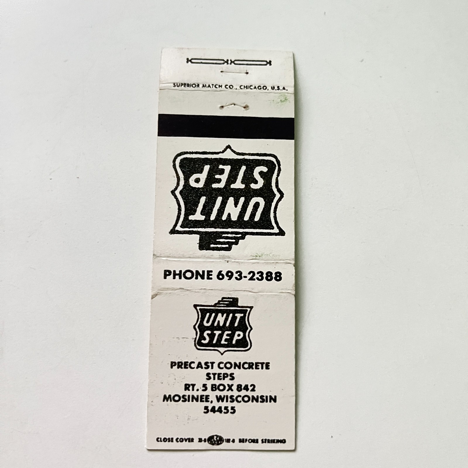 Unit Step Precast Concrete Rt 5 Mosinee WI Vintage Matchbook Cover 4MB110-4