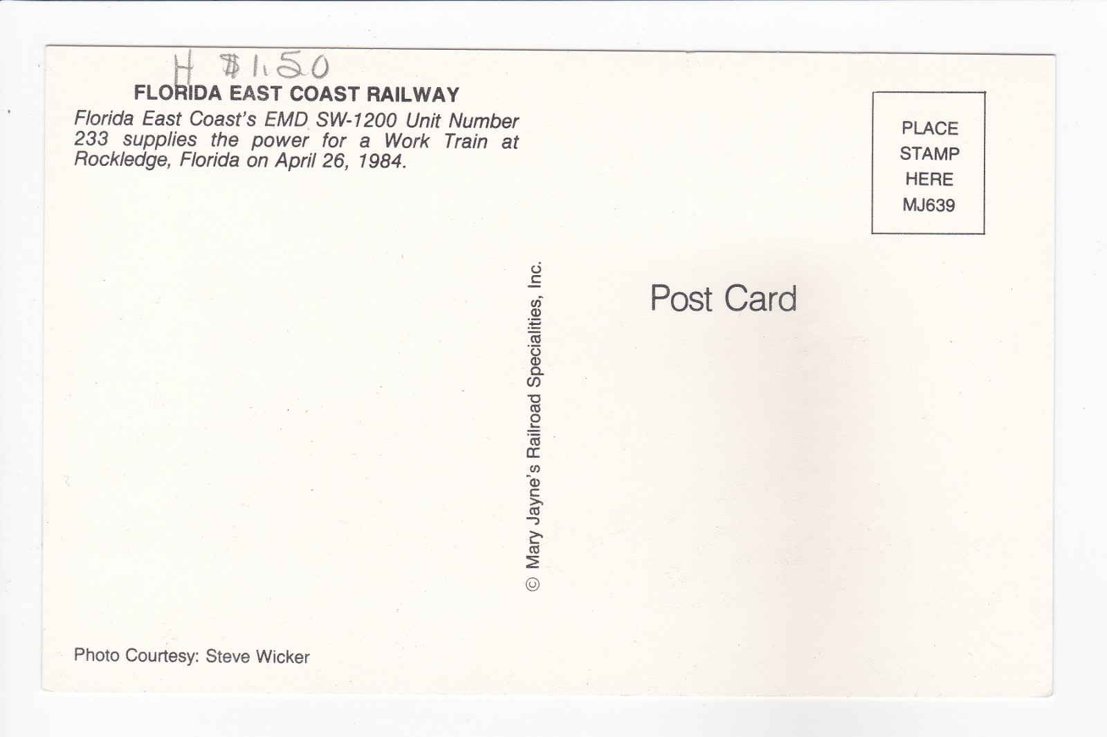 Florida East Coast Railway EMD SW-1200 Unit No. 233 Rockledge FL Chrome Postcard
